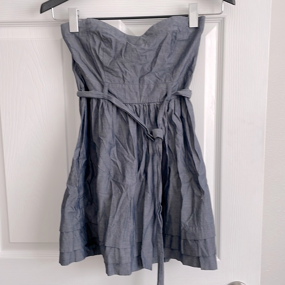 Blue Grey Strapless Tie Waist Dress Zip Back Sweetheart Neckline Tiered Ruffles